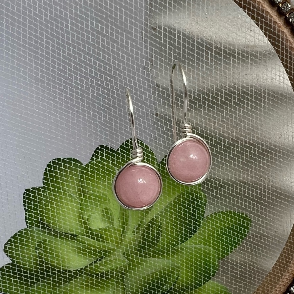 Rose Quartz Wire Wrapped Minimalist Earrings in Pink & Silver - Picture 13 of 13